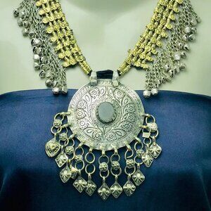 Handmade Kuchi Pendant Necklace: Turkmen Silver Bells, Ethnic Tribal Jewelry